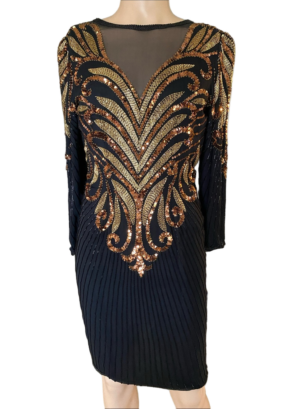 A.J. Bari Vintage Silk Black and Gold Sequin Long Sleeve Sheath Dress